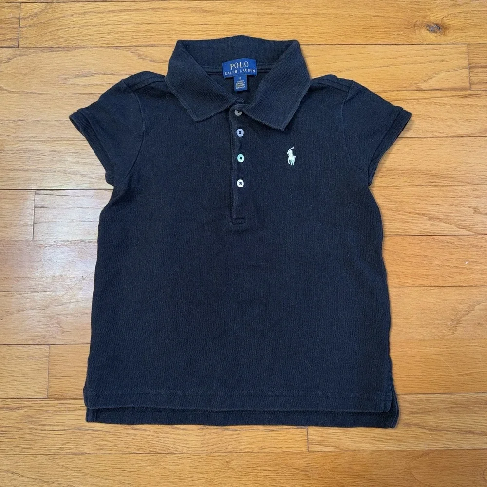 Polo‎ Ralph Lauren Preppy Girls Black Pique Short Sleeve Polo Size 6 White Pony